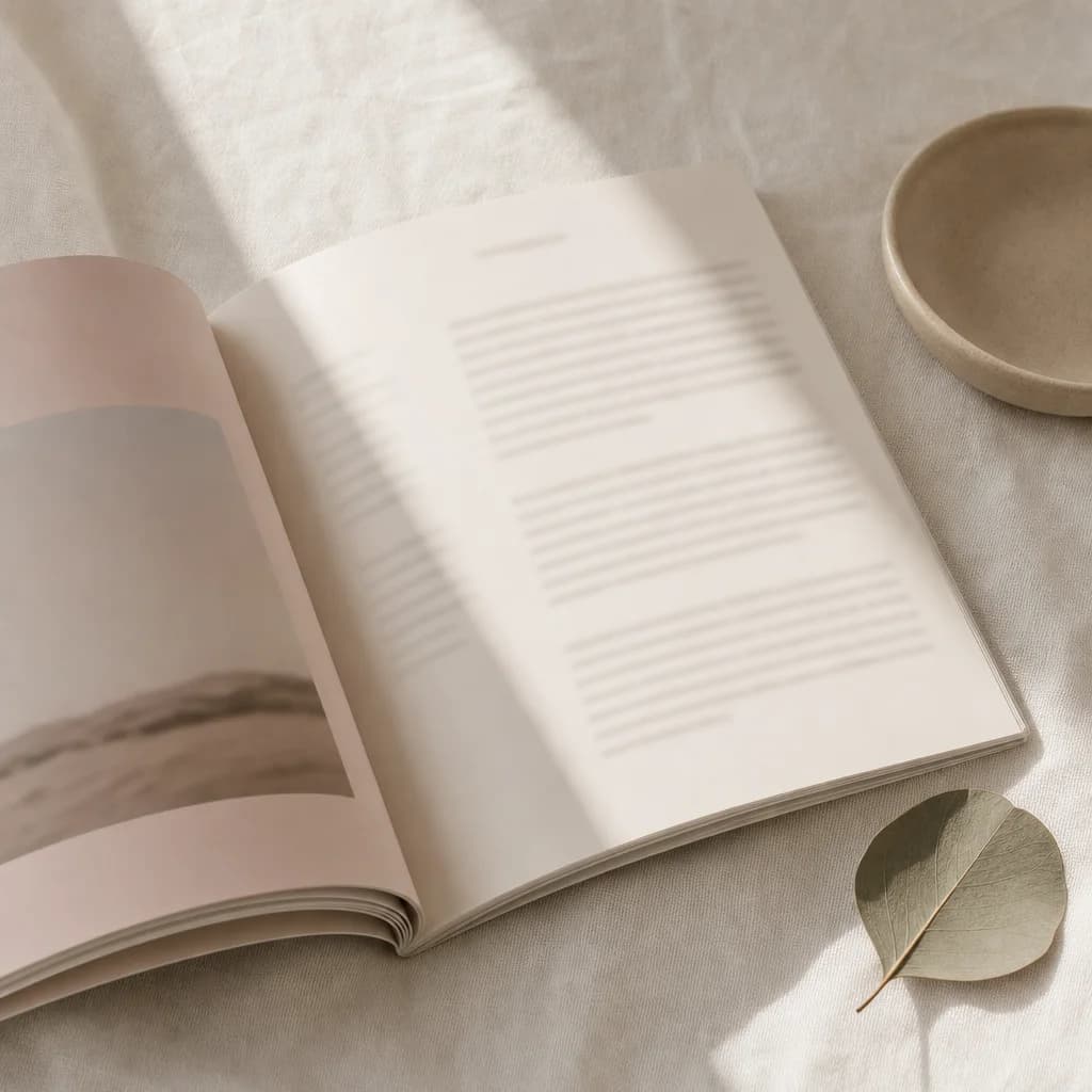 A printed booklet lying open on cream linen, its text soft and out of focus, with a dried eucalyptus leaf alongside