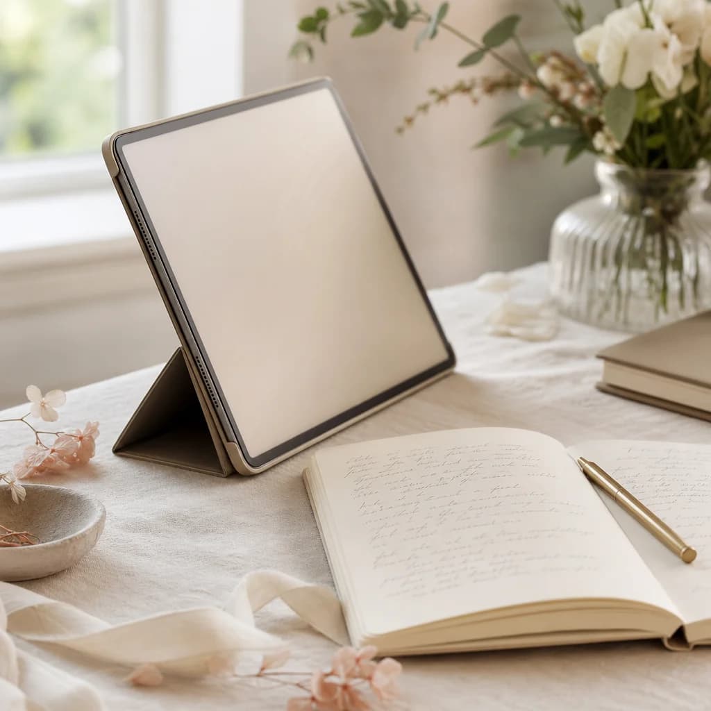 A tablet turned partly away from the camera beside an open notebook of handwritten wedding notes, a pen and dried blush flowers