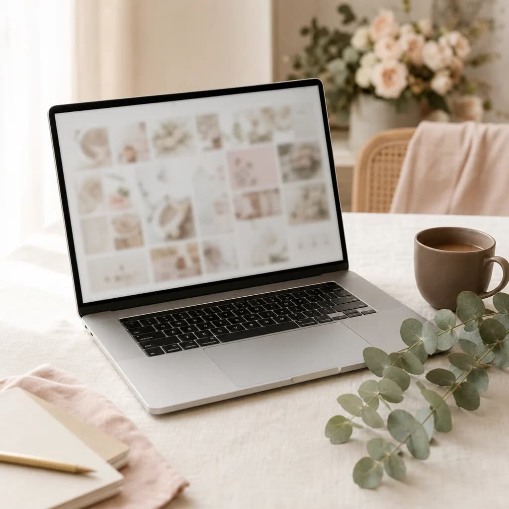 An open laptop angled on a cream linen surface in warm morning light, with a eucalyptus sprig and a ceramic coffee cup beside it