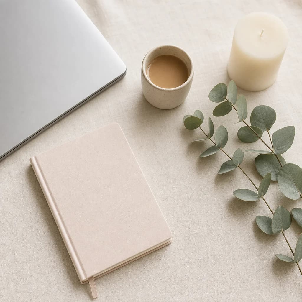 An overhead flat lay on cream linen showing the corner of a laptop, a notebook, a coffee cup, eucalyptus and an unlit candle