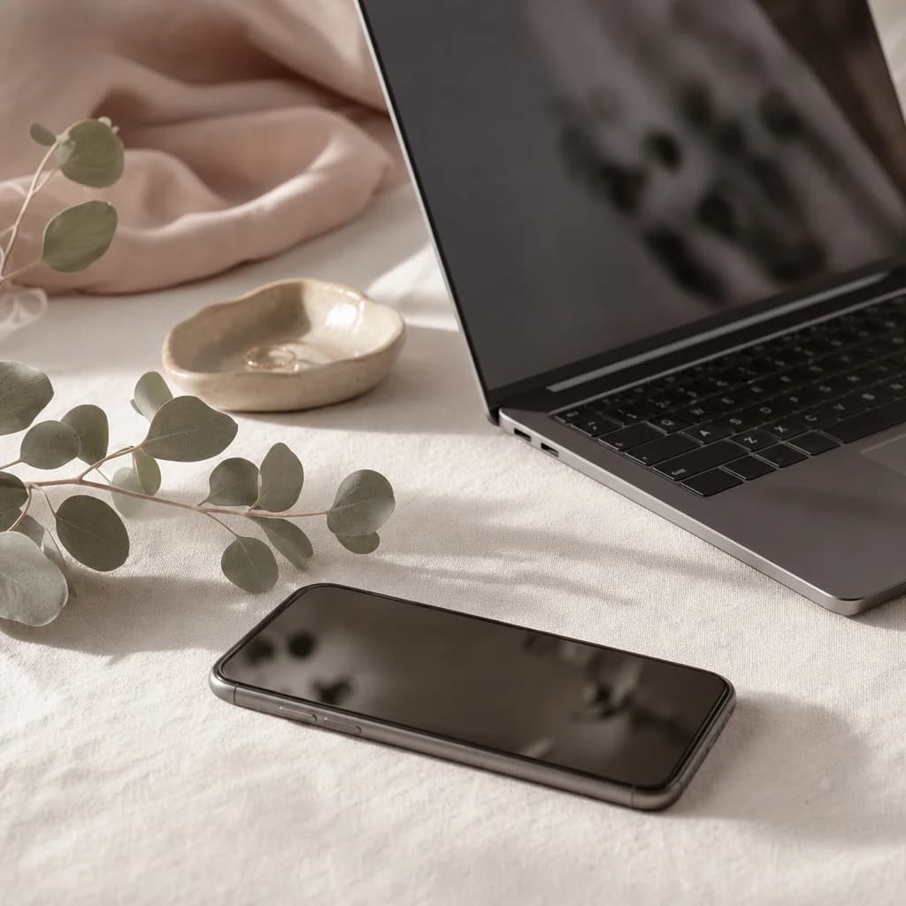 A phone and a laptop resting together on the same cream linen surface, both screens dimmed and angled away